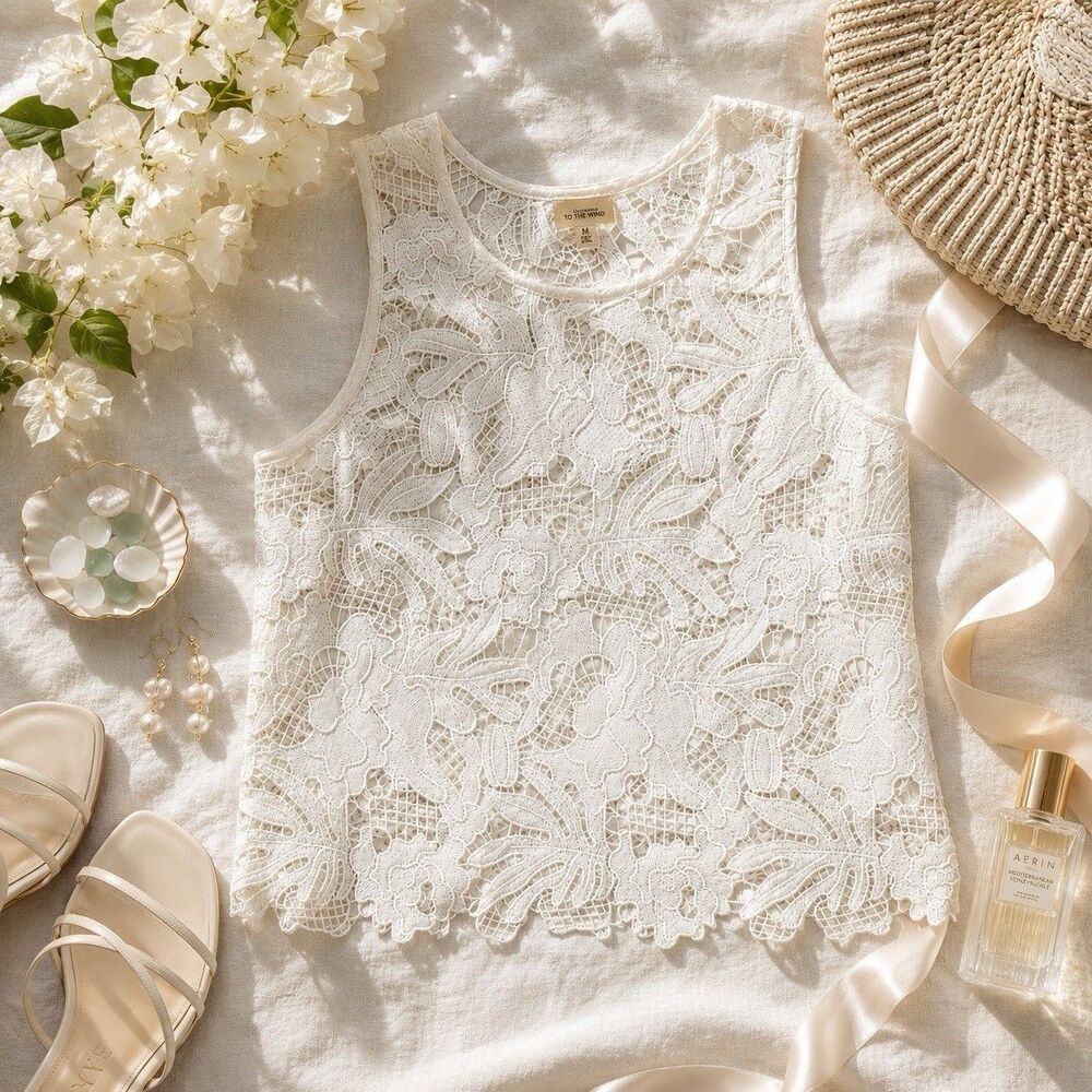 Caution To The Wind White Crochet Lace Tank Top Boho Festival Boxy Medium